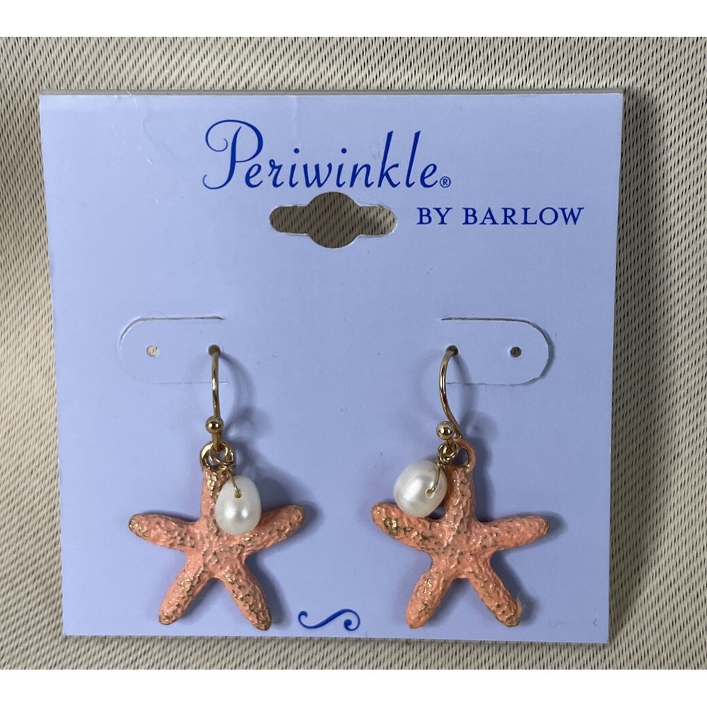 Periwinkle Women OS Drop Earrings Peach Starfish Faux Pearl‎ Nautical Gold Tone